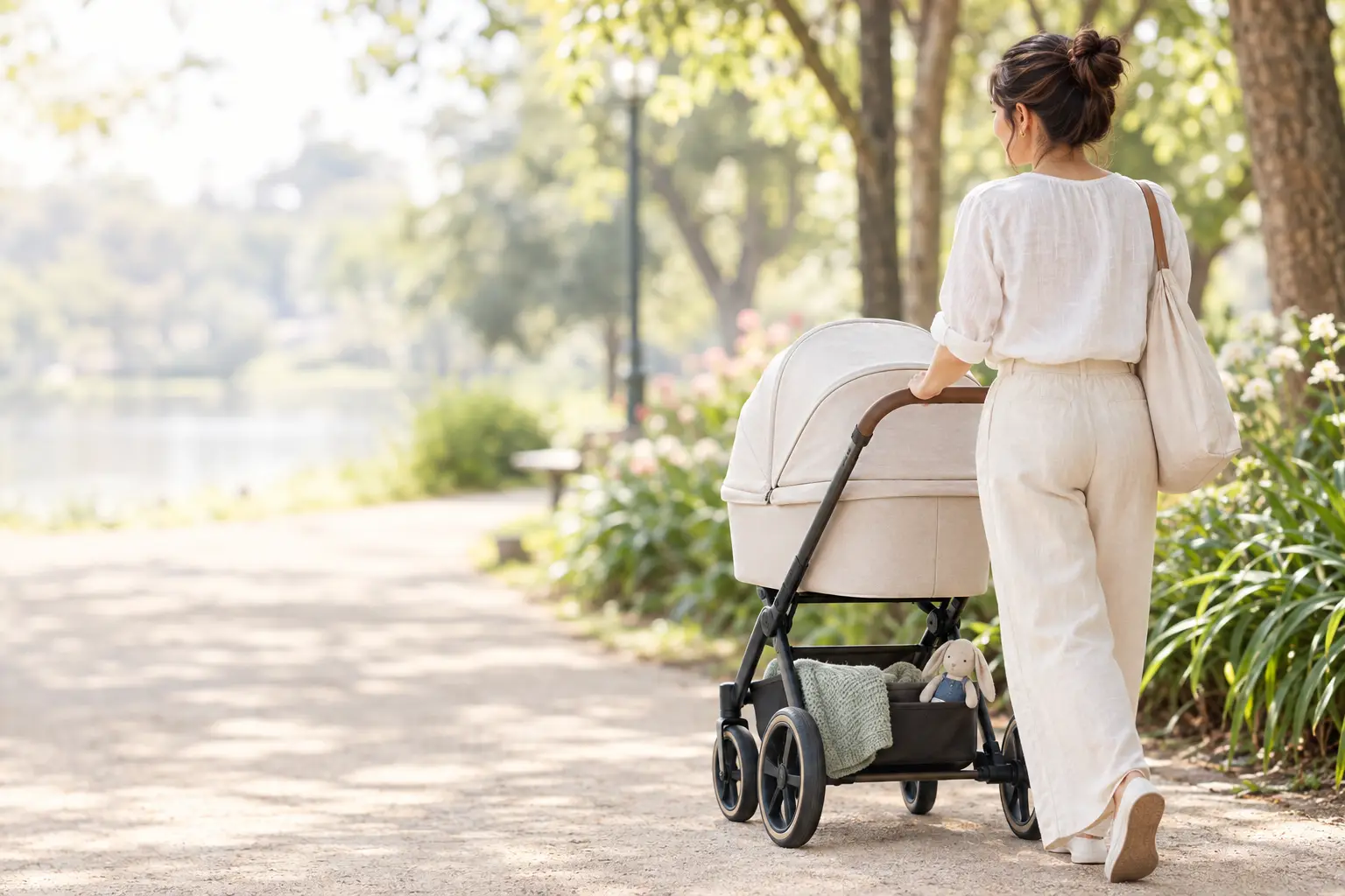 Mãe empurrando um carrinho de bebê claro num parque ensolarado